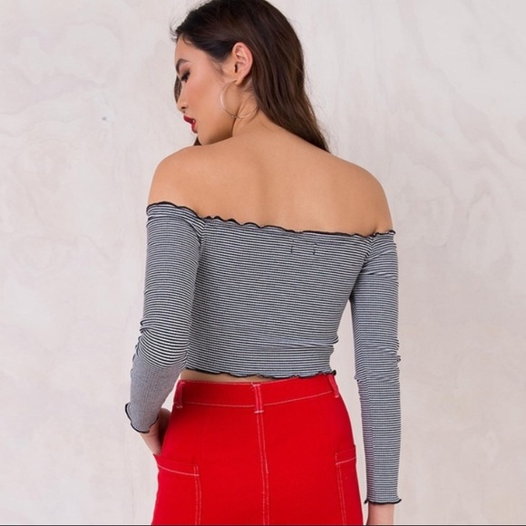 Black and White Striped Off The Shoulder Crop Top - Picture 2 of 4